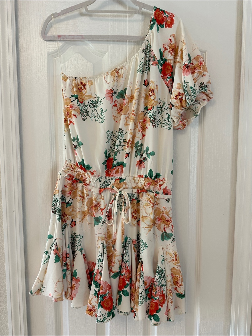 entro One-Shoulder Floral dress with shorts underneath in Cream, Green and Red